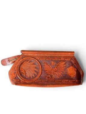 Vintage Abtik Hand-tooled Mayan Print Leather Clutch